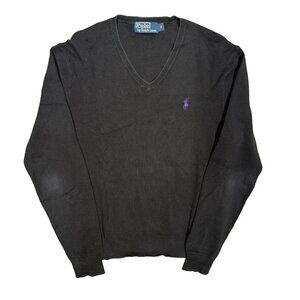 Vintage Polo Ralph Lauren 100% Pima Cotton V-Neck Knit Sweater Black Small